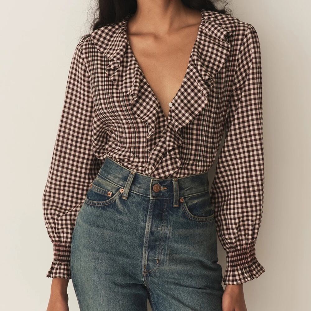 Doen Hardy Ruffle Button Pintuck V Neck Long Sleeve Blouse Top Delphine Plaid